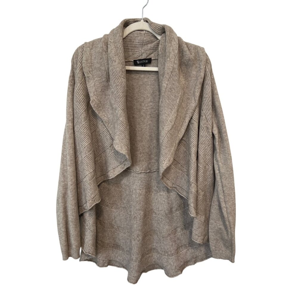 Sisters Open Front Cardigan Sweater Size Small Long Sleeve Ribbed Knit Beige Tan